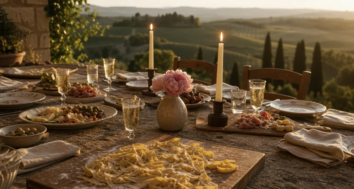 Stone villa terrace table for a bachelorette party in Tuscany, Prosecco flutes and fresh pasta, golden hour
