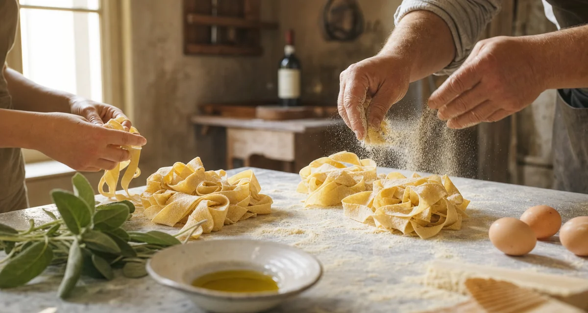Hands making fresh pappardelle on a floured marble counter in a Tuscan villa kitchen with Chianti Classico