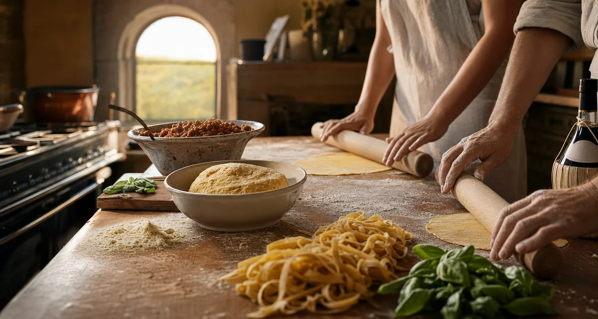 Hands rolling fresh pasta on floured wooden table in Tuscan farmhouse kitchen, golden afternoon light, cooking class Italy