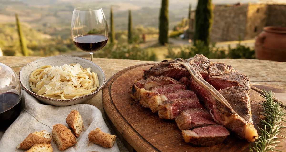 Bistecca alla fiorentina on carving board with pici, Chianti and cantucci at a Tuscan farmhouse golden hour