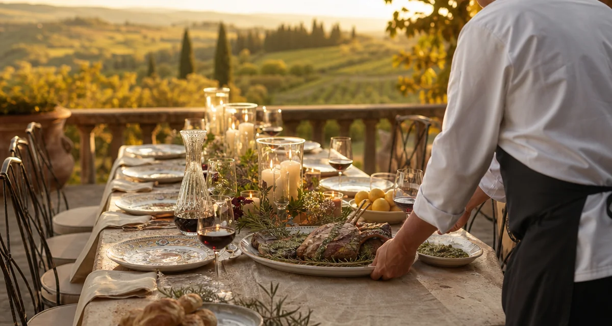 Long stone villa terrace table set for a birthday dinner in Tuscany, Brunello di Montalcino and candlelight at golden hour