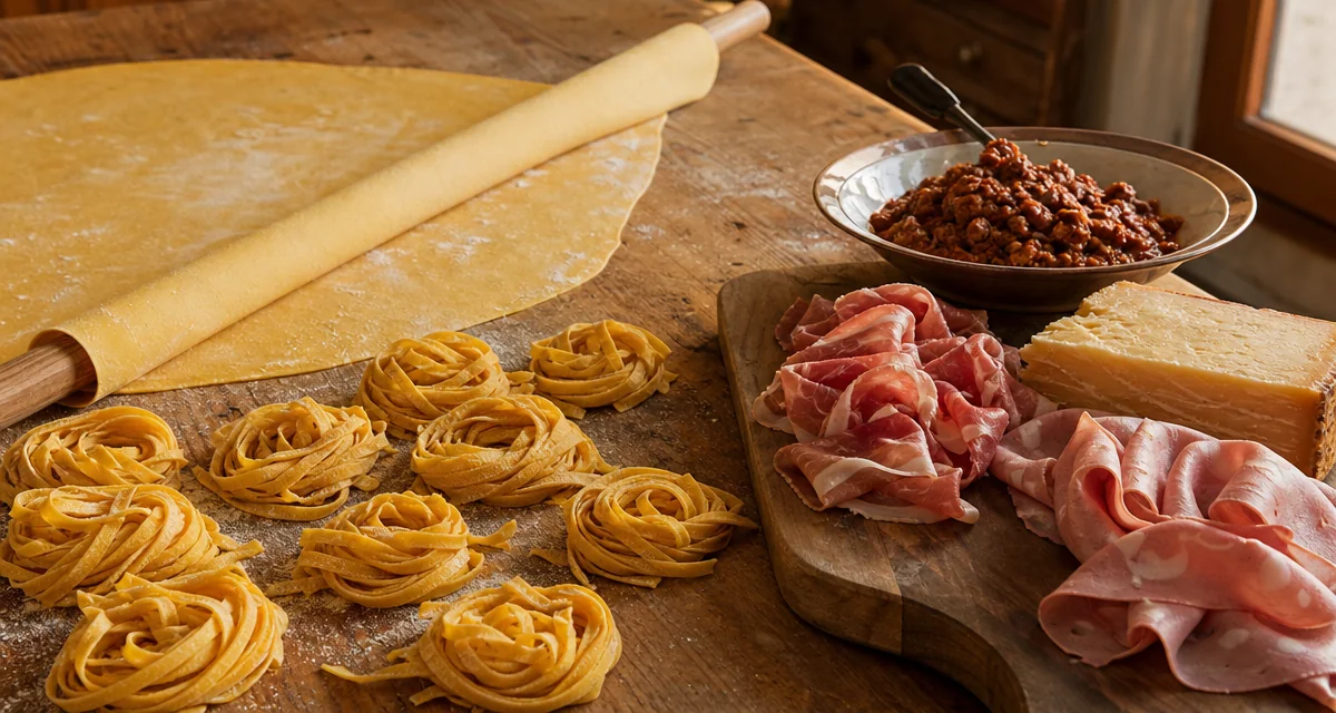 Hand-rolled sfoglia, tagliatelle and Parmigiano Reggiano DOP on a Bologna kitchen table for private chef dinner