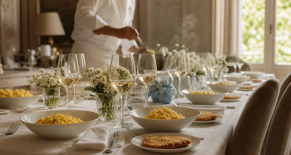 Tavola di battesimo in casa con risotto alla milanese, Franciacorta e chef a domicilio che serve gli ospiti