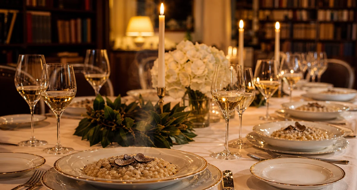Tavola elegante per cena di laurea magistrale a casa con risotto al tartufo, calici Franciacorta e corona d alloro