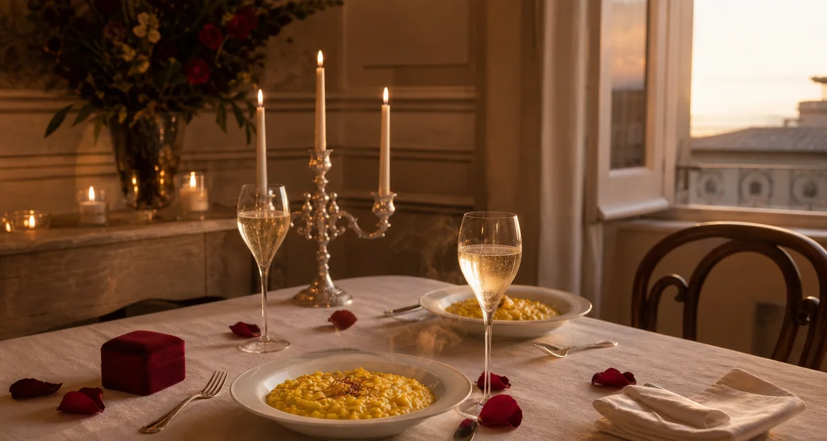 Tavola per due con risotto allo zafferano, calici Franciacorta e candele per una cena proposta di matrimonio a casa