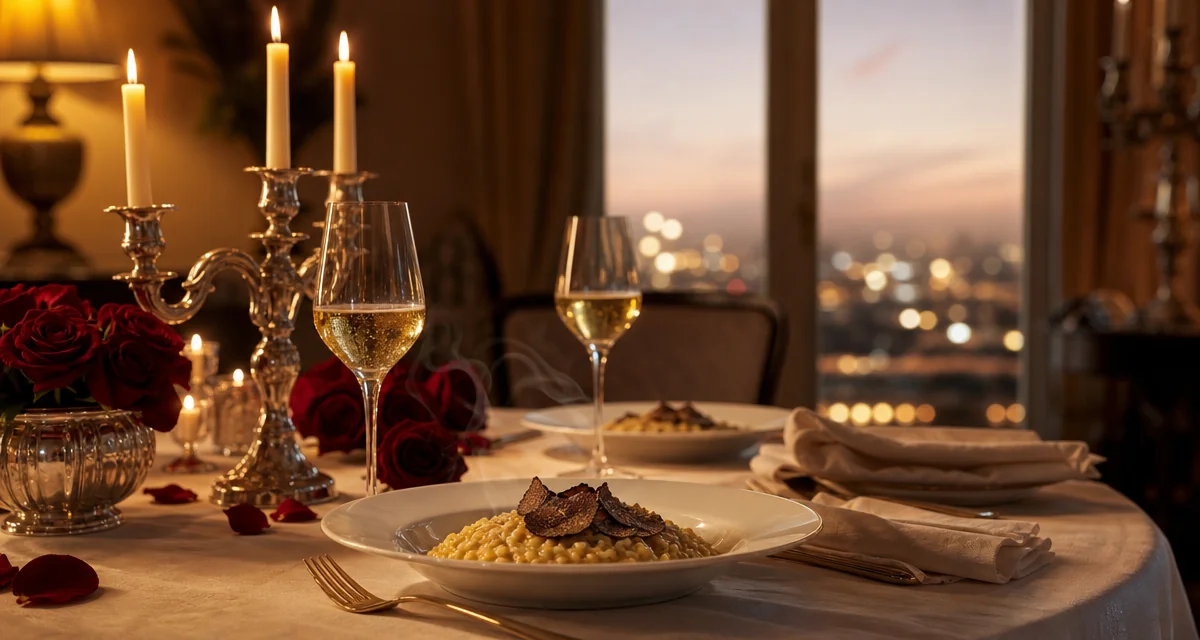 Tavola romantica per due con risotto al tartufo, calici Franciacorta e candele per cena anniversario