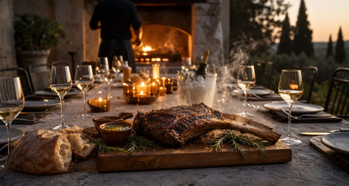 Tomahawk steak su tagliere in villa lombarda, calici Franciacorta e griglia live, addio al celibato con chef privato