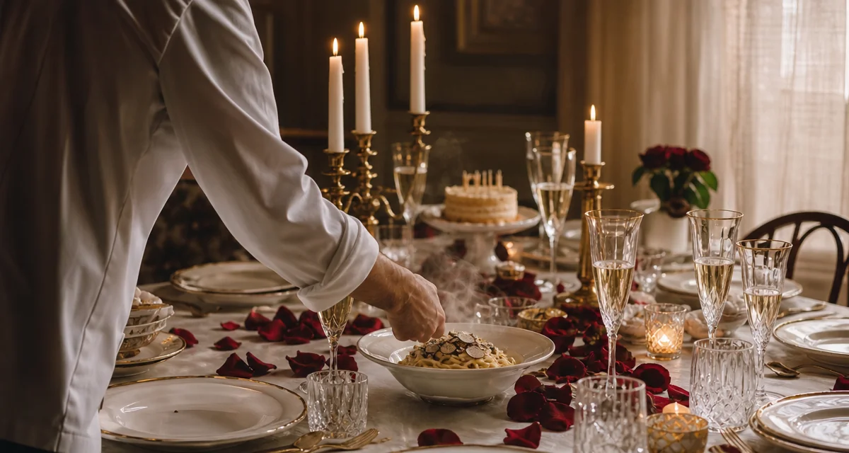 Tavola elegante per una cena di compleanno a sorpresa in casa, candele, tagliolini al tartufo e calici di Prosecco
