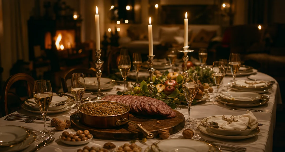 Tavola di Capodanno con cotechino e lenticchie, calici di Prosecco e candele per il cenone di San Silvestro