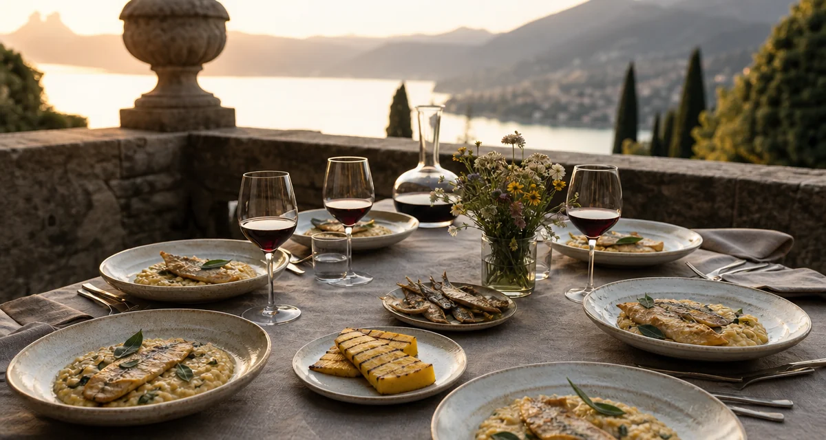 Tavola su terrazza a Como al tramonto con risotto al persico, vino Valtellina e lago sullo sfondo