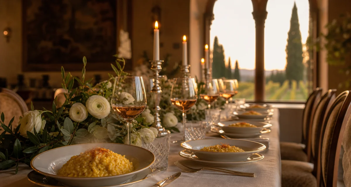 Tavola elegante per cena compleanno 40 anni in villa lombarda, risotto allo zafferano e calici Franciacorta al tramonto