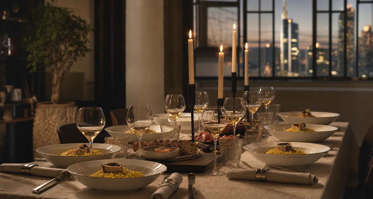 Tavola per evento privato in loft milanese con risotto allo zafferano, Franciacorta e vista skyline serale
