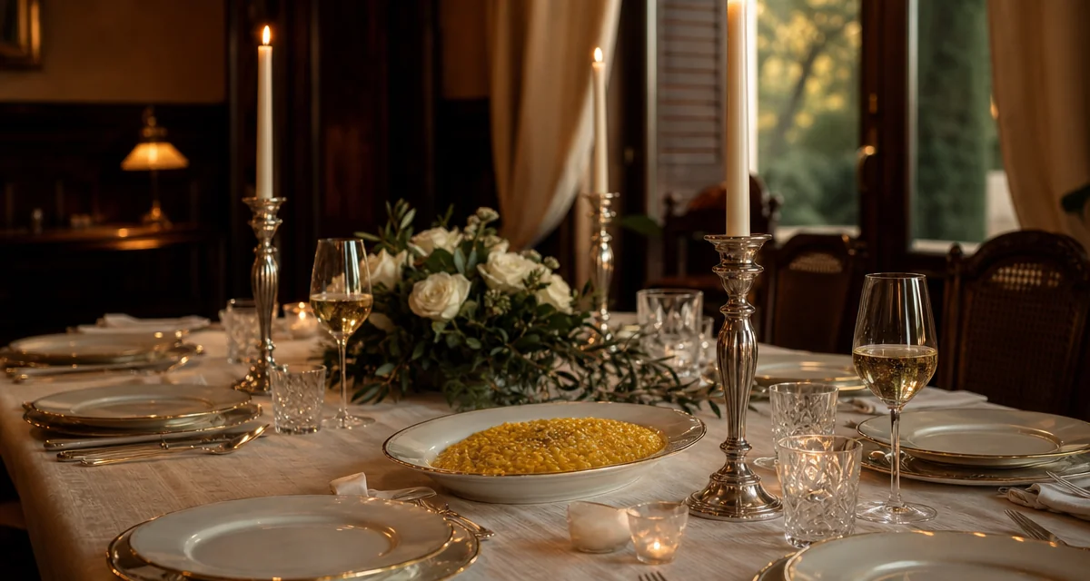 Tavola elegante per cena di fidanzamento ufficiale tra famiglie con risotto, Franciacorta e candele in casa