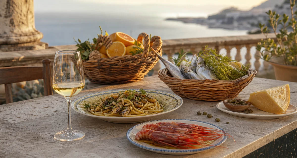 Tavola in terrazza a Palermo al tramonto con pasta con le sarde, gambero rosso e vista sul mare