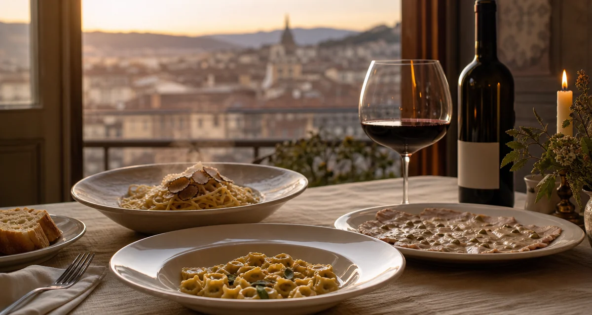 Tavola raffinata a Torino con agnolotti del plin, tajarin al tartufo e calice di Barolo al tramonto