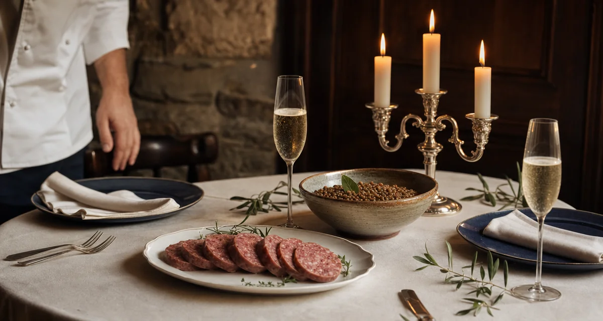 Tavola da cenone di Capodanno con cotechino, calici Franciacorta e candele accese — chef privato a domicilio