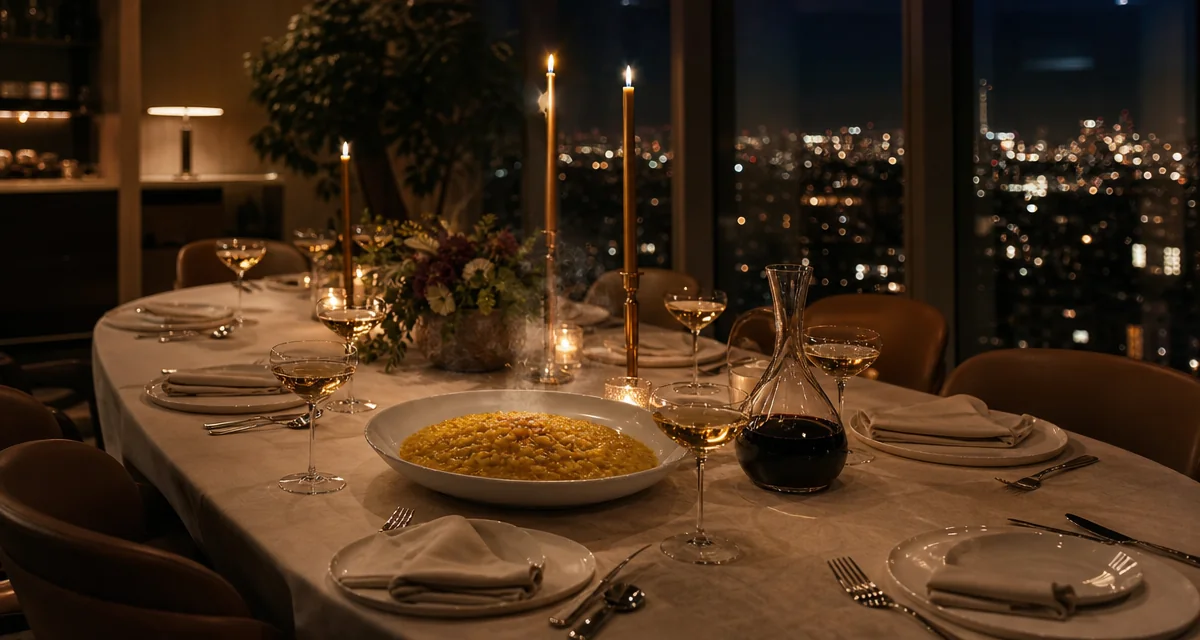 Tavola di rappresentanza per otto in sala dirigenziale milanese, risotto allo zafferano e calici Franciacorta