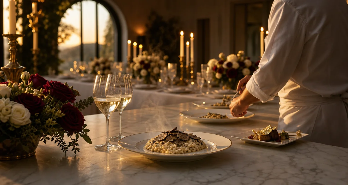 Tavola elegante per cena di compleanno 50 anni con chef privato, risotto al tartufo e calici Franciacorta