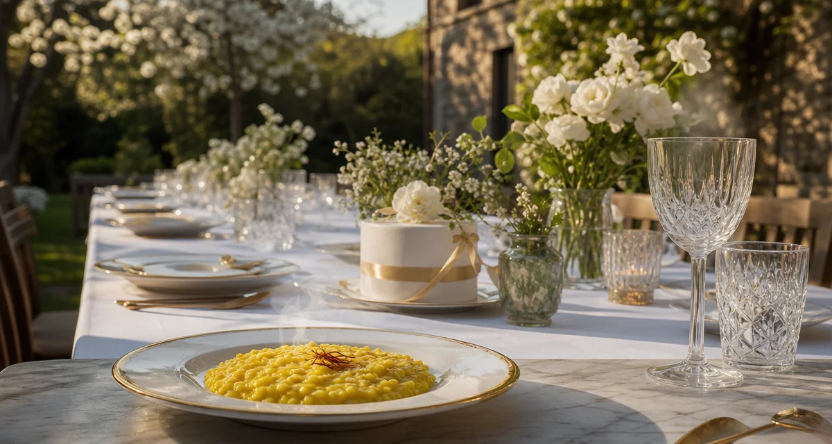 Tavola cena Prima Comunione in giardino lombardo con risotto zafferano e fiori bianchi