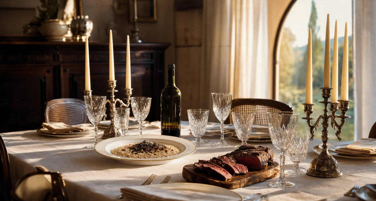 Tavola elegante per cena privata con risotto al tartufo e Brunello di Montalcino, luce golden hour