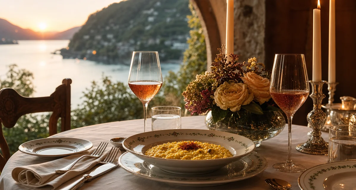 Tavola apparecchiata in villa sul Lago di Como con risotto allo zafferano, calici Franciacorta e candele per evento privato