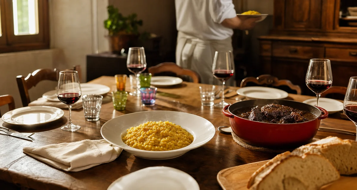 Tavola domenicale per famiglia con risotto alla milanese e brasato in ghisa, chef che serve al tavolo di casa
