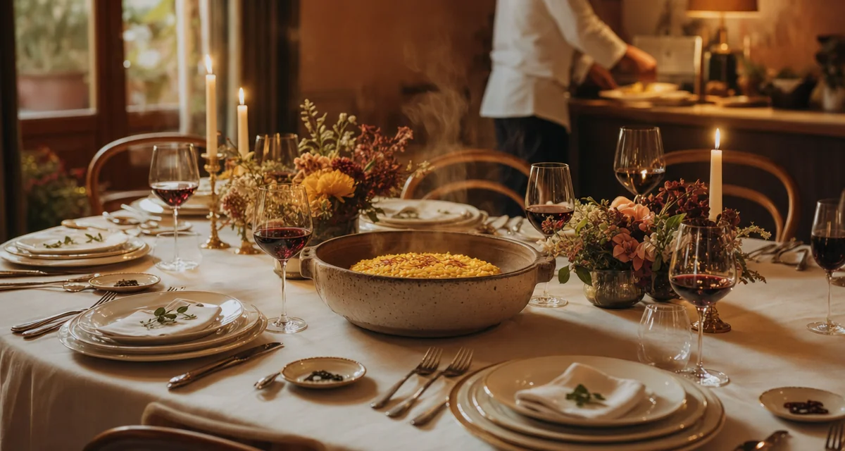 Tavola festa privata in casa milanese: risotto allo zafferano, calici Barolo, candele, chef privato a domicilio