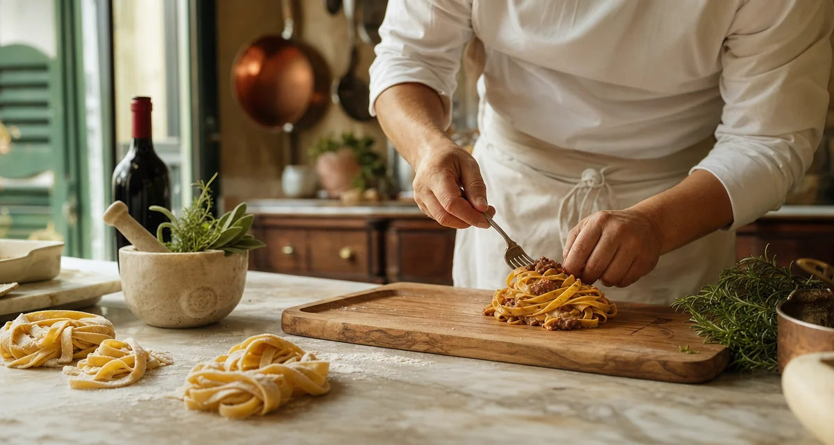 Private chef cooking fresh pasta in a Tuscan villa kitchen, Chianti on the counter, golden afternoon light