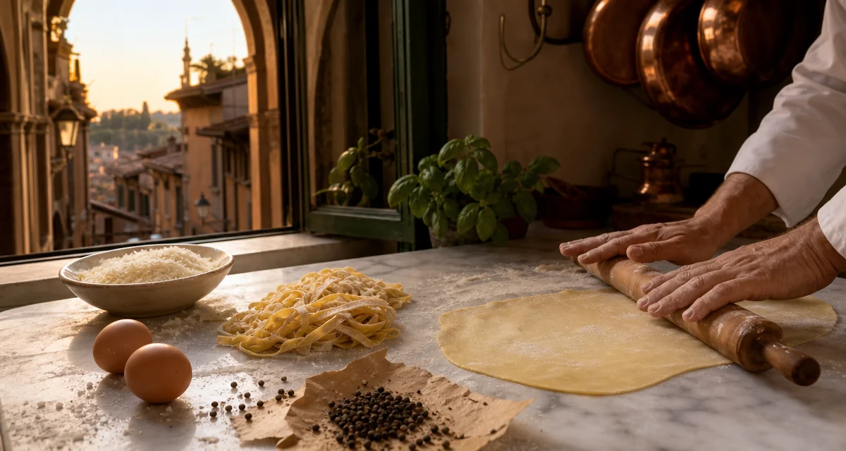 Fresh tonnarelli pasta rolled by hand on marble in a Rome apartment kitchen, cacio e pepe ingredients beside