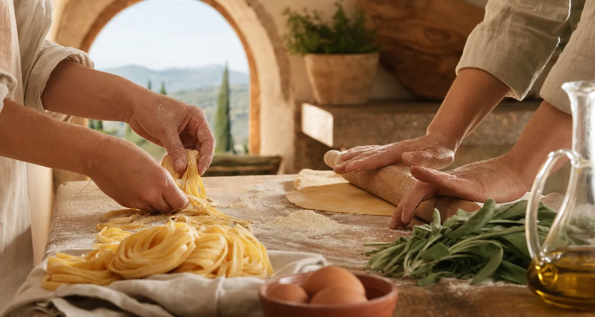 Hands rolling fresh pasta dough on a floured wooden table inside a Tuscan villa kitchen, Florence