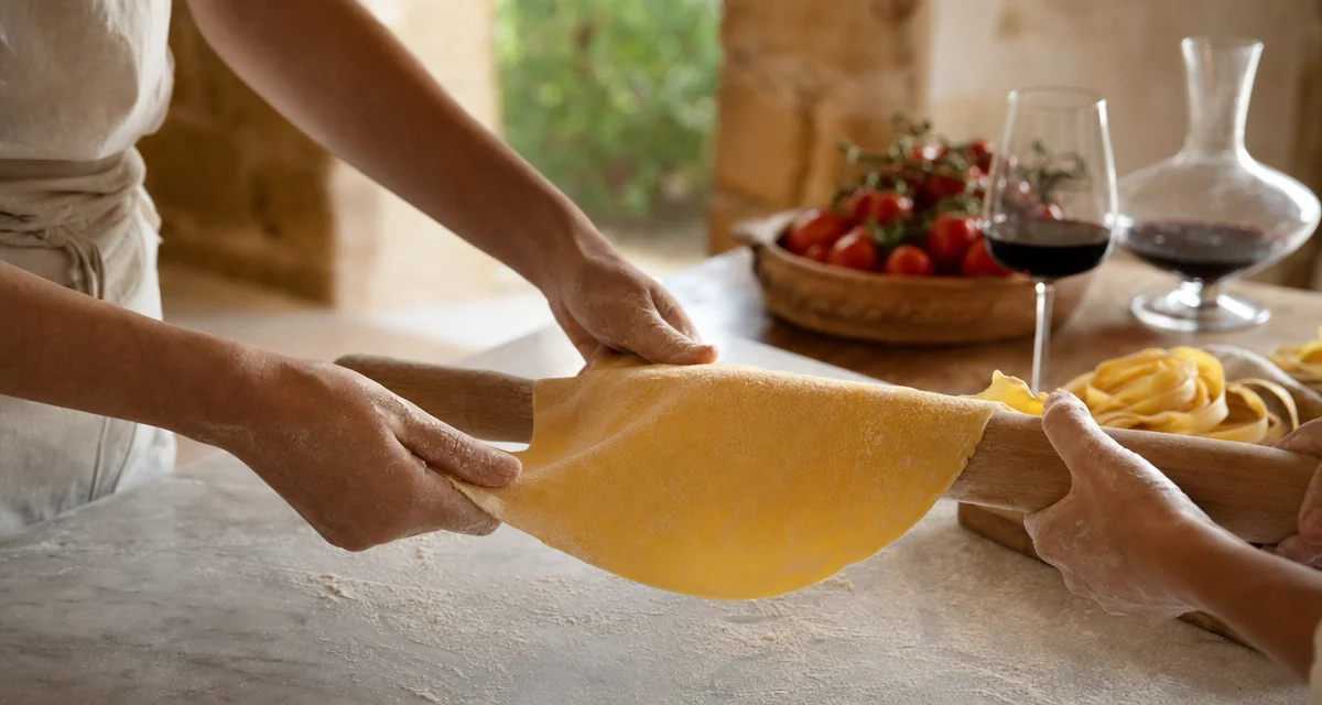 Fresh egg pasta rolled on marble worktop in a Tuscan farmhouse kitchen during a private cooking class Italy