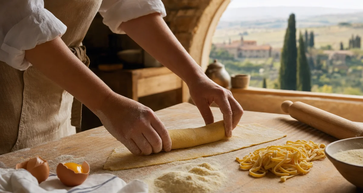 Hands rolling fresh pasta dough on a floured wooden board during a Florentine cooking class, Tuscan hills in background