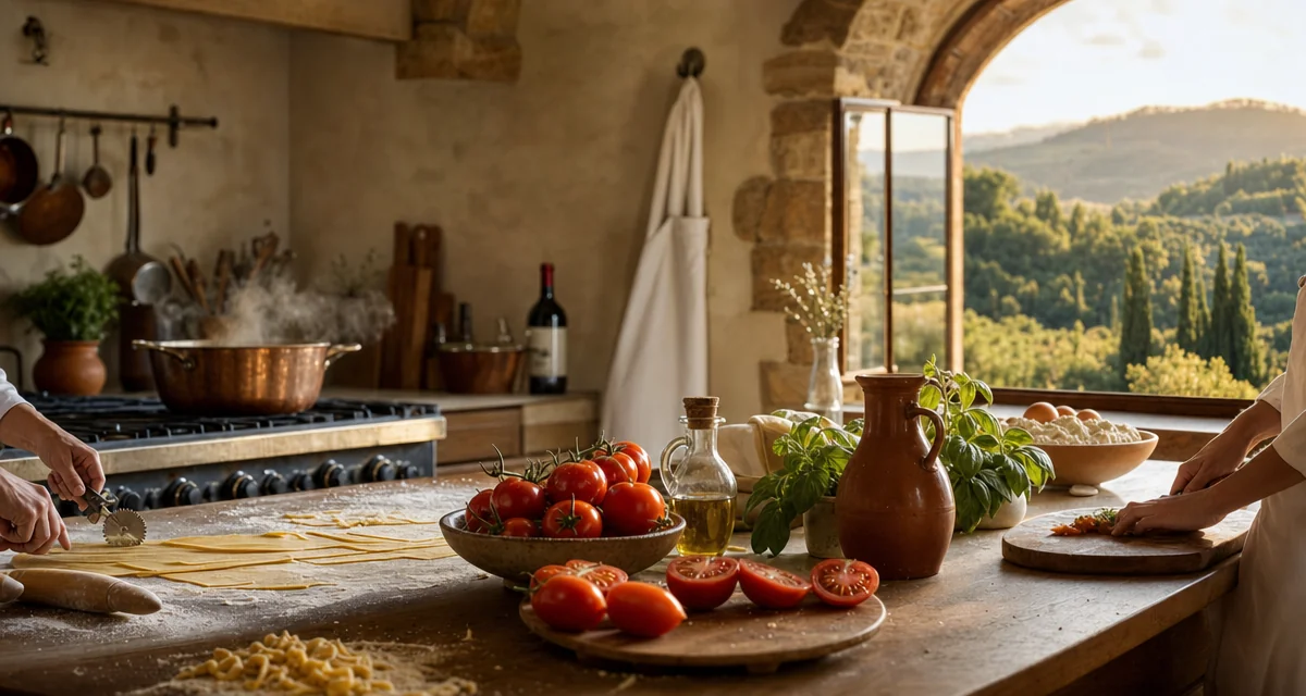 Tuscan villa kitchen during a cooking vacation in Italy — fresh pasta, heirloom tomatoes and golden-hour hills