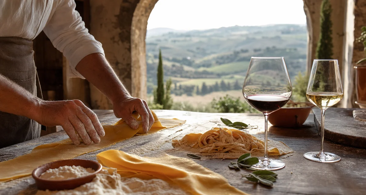 Hands rolling fresh pappardelle on a floured table in a Tuscan villa kitchen, Chianti Classico and Vernaccia glasses nearby