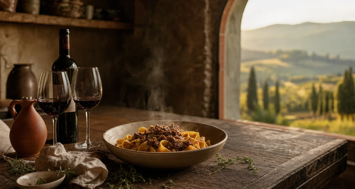 Rustic Tuscan villa farmhouse table at golden hour with fresh pappardelle pasta, Chianti Classico wine and olive oil