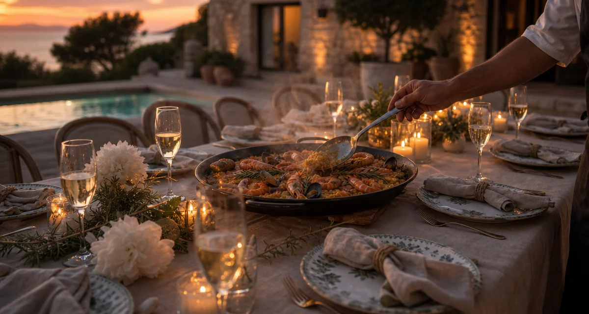 Ibiza villa terrace table at dusk set for ten with paella pan, cava flutes and poolside lights for a bachelorette party