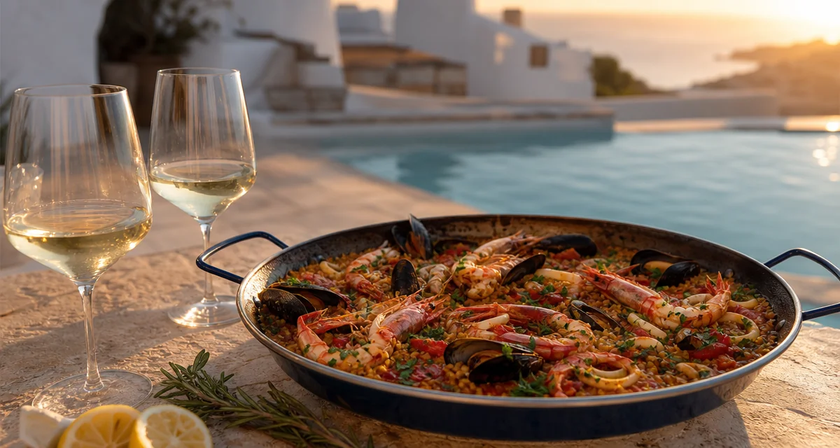 Wide steel paella pan with seafood on a sunlit Ibiza villa terrace, ibiza paella catering villa guide