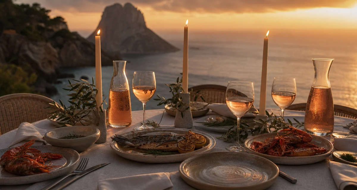 Ibiza terrace sunset dinner table with Mediterranean seafood, rose carafes and Es Vedra silhouette in golden hour