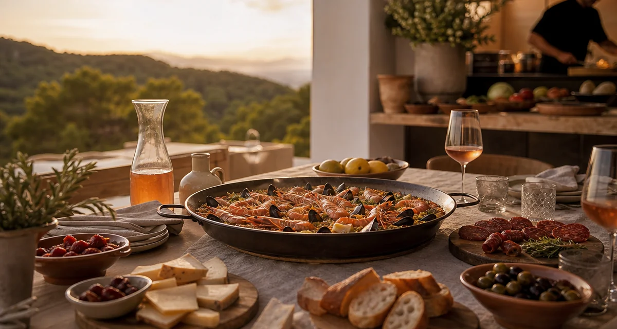Ibiza villa party table at golden hour with seafood paella, grazing spread and rose — private chef catering
