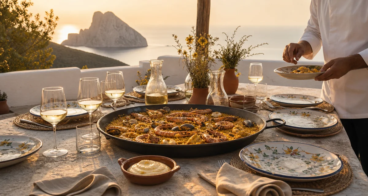 Ibiza villa terrace table at golden hour with paella, prawns and Mediterranean sea view