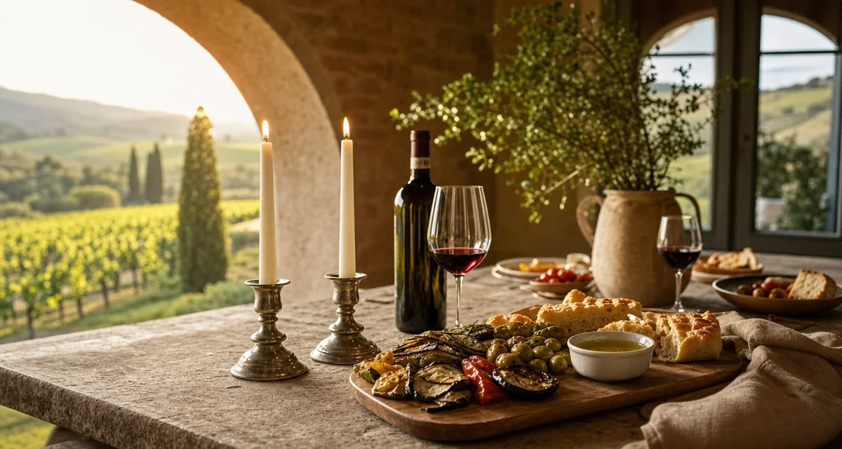 Tuscan villa table with kosher parve antipasti, Shabbat candles, and Chianti Classico at golden hour