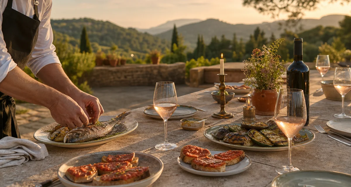 Mallorca villa terrace dinner table at golden hour with Balearic food and rosé for a bachelorette hen party