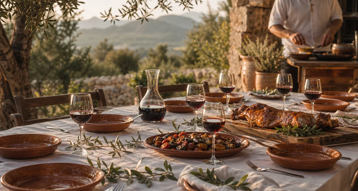 Stone finca terrace set for dinner at golden hour in Mallorca with tumbet, suckling lamb and Manto Negro wine