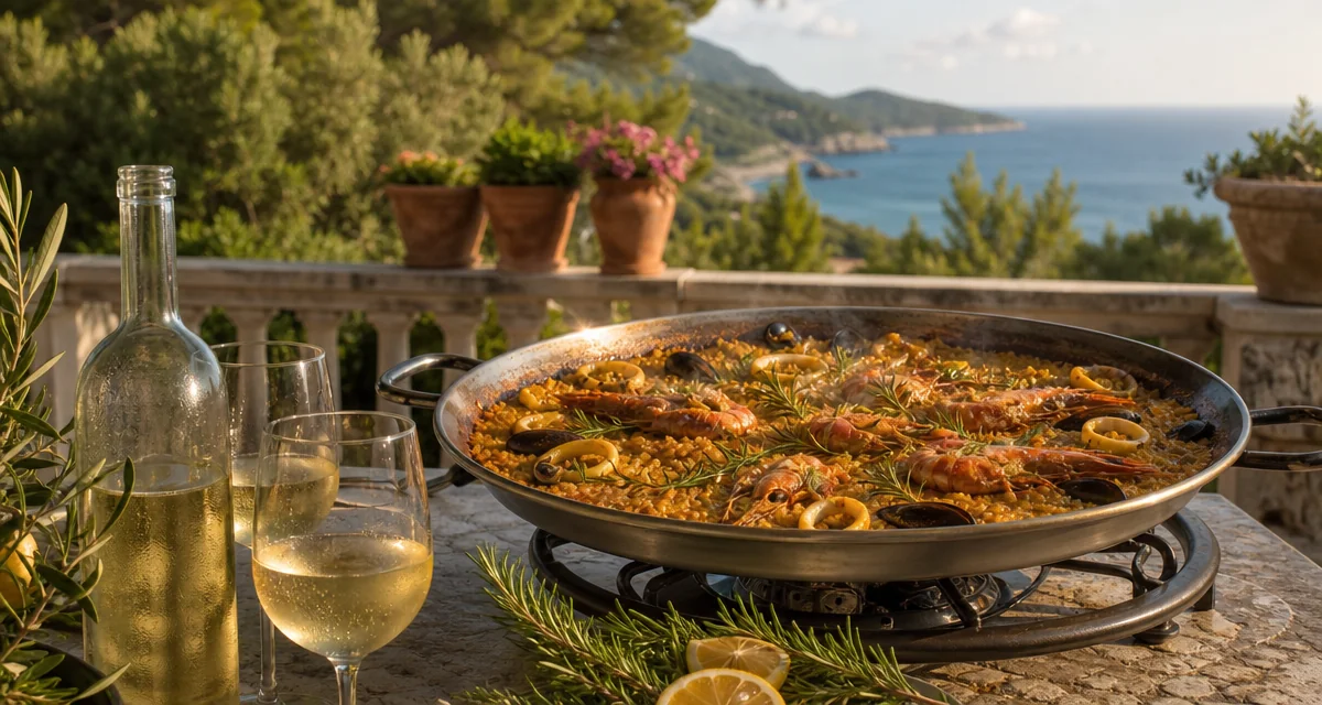 Large paellera with seafood bomba rice socarrat on a Mallorca villa terrace, golden hour, private chef paella catering