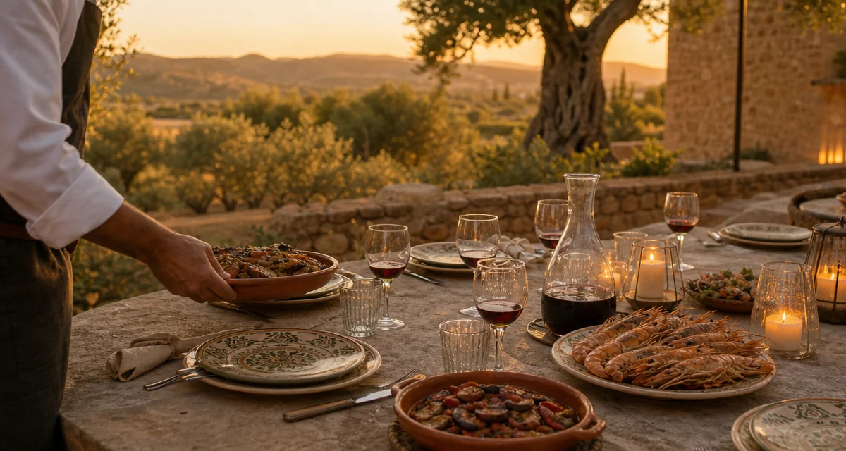 Mallorcan villa terrace dinner table at golden hour with grilled prawns, tumbet and Binissalem wine