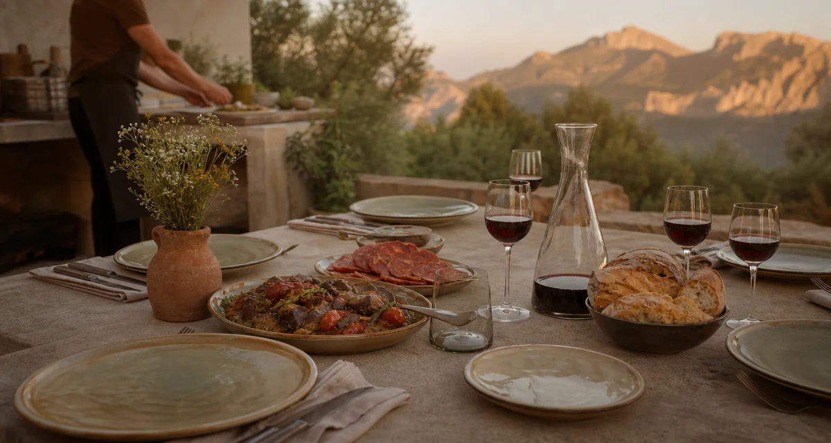 Mallorca finca terrace dining table at golden hour with private chef, tumbet, sobrassada and Binissalem wine
