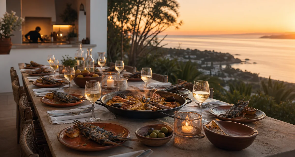 Marbella villa terrace at sunset with seafood paella and espeto, private chef dinner party on Costa del Sol