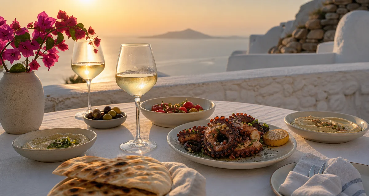 Mykonos villa terrace at sunset with Cycladic mezze grazing table and Assyrtiko wine