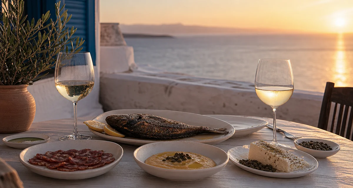 Mykonos villa terrace sunset dinner with grilled fish, Cycladic mezze and Assyrtiko wine over the Aegean