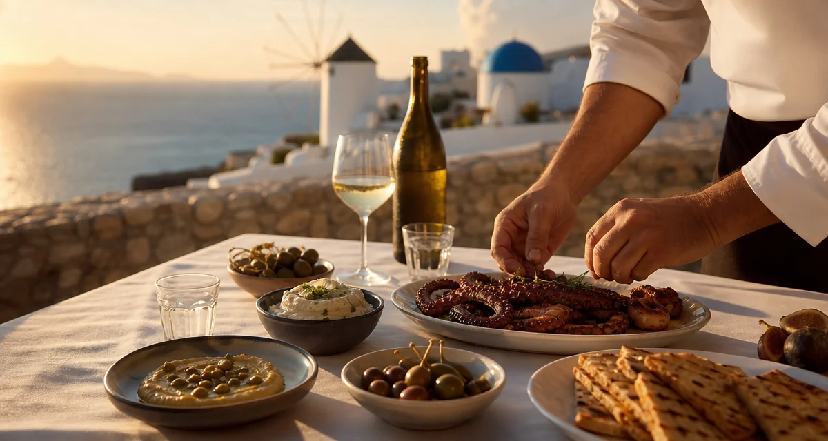 Mykonos villa terrace dinner at sunset with grilled octopus, kopanisti and Assyrtiko wine over the Aegean